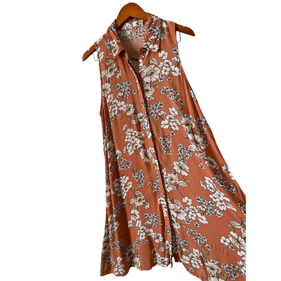 Women's Peach Floral Sleeveless Button Up Tunic Top Long Line Blouse Bohemian - Picture 10 of 10